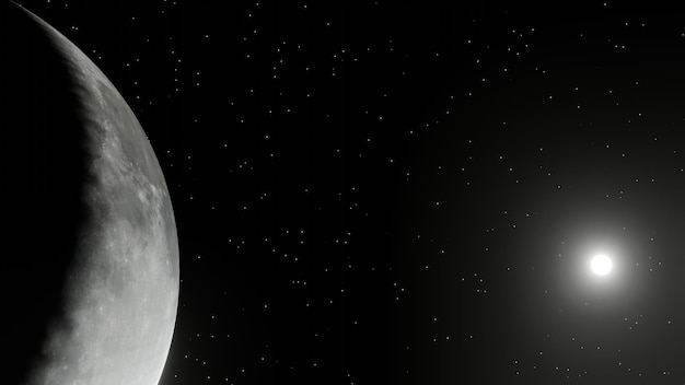 Lune et son cratère avec soleil et champ d'étoiles en arrière-plan rendu 3D
