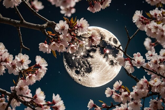 Photo la lune à travers les branches d'un cerisier en fleurs