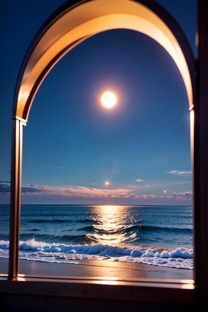 Lune à travers une fenêtre à la plage