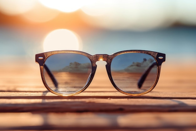 Une lunette de soleil sur une planche de bois sur une plage floue avec un arrière-plan flou