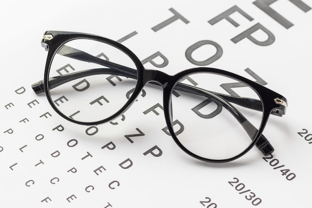 Lunettes avec cadre noir sur tableau de test visuel isolé sur blanc. Concept de vue, de soins de santé et de médecine.