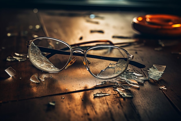 Des lunettes cassées sur une table vide dans une pièce triste des lunettes avec du verre cassé sur la table