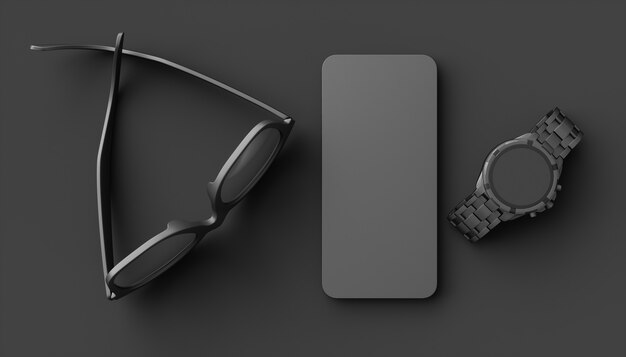 Lunettes à côté d'un téléphone portable et d'une montre-bracelet sur fond noir, illustration 3d