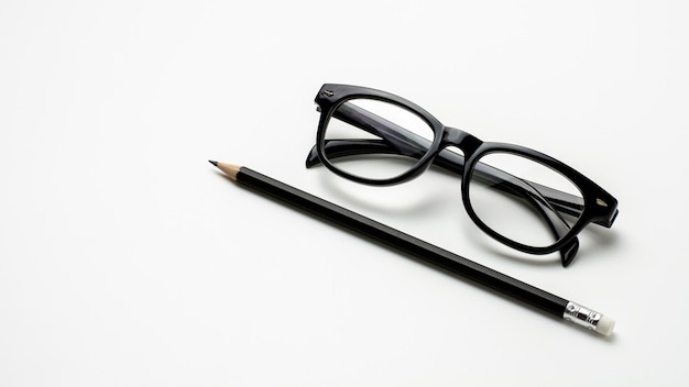 Des lunettes et un crayon sur fond blanc