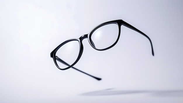 Photo des lunettes élégantes flottant éthériquement sur un fond blanc style minimaliste créant une atmosphère moderne parfait pour les publicités et les projets de design ai