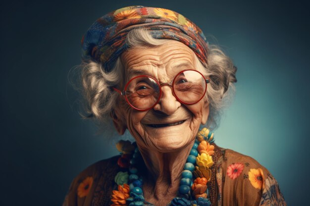 Des lunettes de grand-mère heureuse, des sourires élégants, des sourires positifs pour l'âge, génèrent de l'ai.