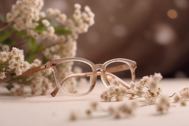 Photo lunettes de mode à la mode sur podium en béton et fleurs de gypsophile sur fond beige