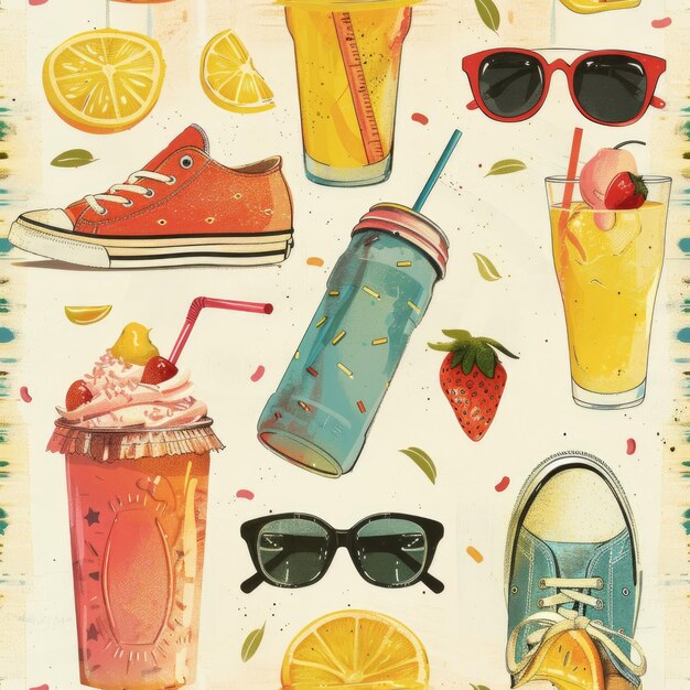 Des lunettes à motif d'été sans couture, des baskets et des boissons, concept d'été.