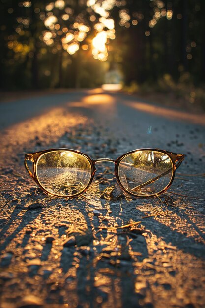 Photo des lunettes oubliées sur la route au coucher du soleil