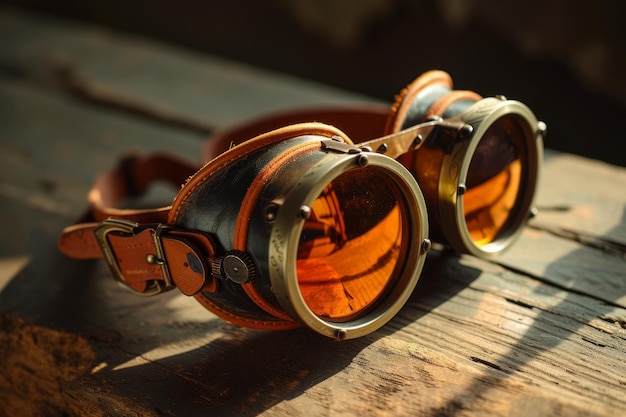 Des lunettes de pilote vintage sur une surface en bois