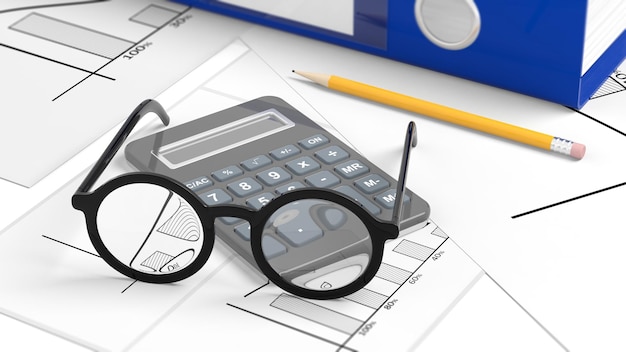 Lunettes posées sur le bureau avec de la paperasse et des objets de bureau