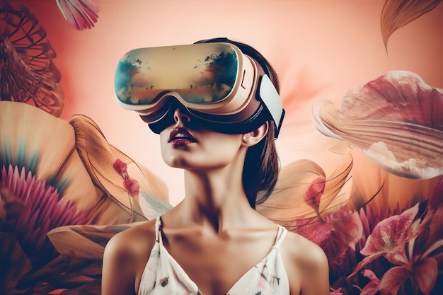 Les lunettes de réalité virtuelle de la femme du futur voyagent la technologie numérique abstraite bleu vr IA générative