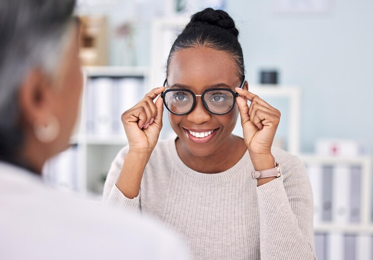 Photo lunettes de soins oculaires et femme noire avec vision optométriste et soins de santé avec bien-être et choix à la clinique monture de verres de prescription avec aide ou conseils lunettes ou lunettes de créateur avec sourire