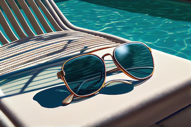 Lunettes de soleil amusantes d'été sur une chaise au bord de la piscine Generative AI