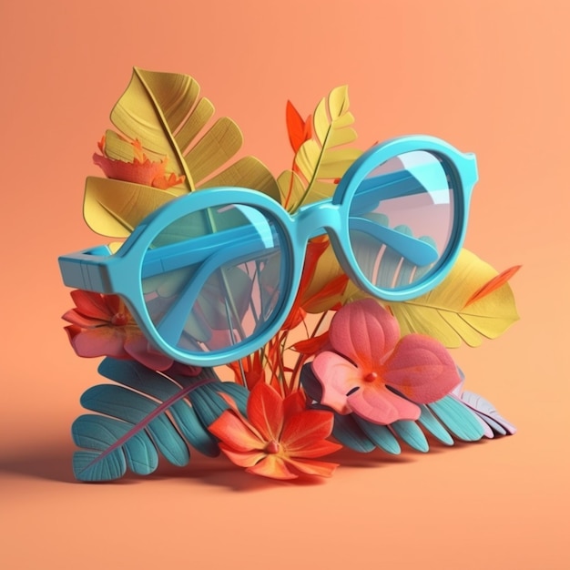 Lunettes de soleil bleues sur fond de feuilles tropicales