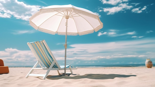 Lunettes de soleil de chaise de plage extérieure d'été de plage avec le ciel ensoleillé de journée ensoleillée de parapluie blanc avec des nuages