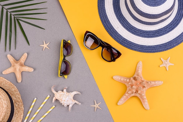 lunettes de soleil et chapeau avec coquillages et étoiles de mer sur une surface colorée