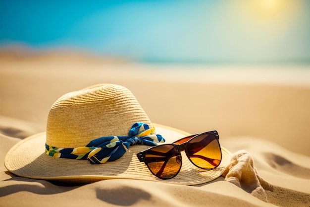 Lunettes de soleil chapeau de paille et bandana sur le sable de la plage Generative AI