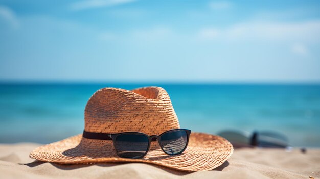 Des lunettes de soleil et un chapeau de paille avec la mer et le ciel bleus flous