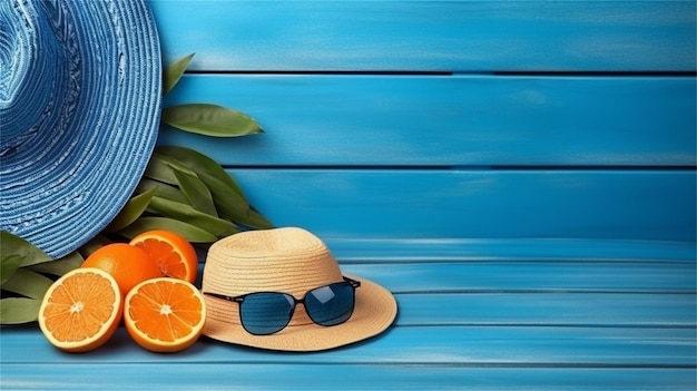 Des lunettes de soleil avec un chapeau de paille et des oranges sur un fond bleu en bois