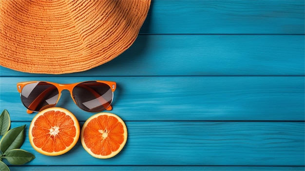 Des lunettes de soleil avec un chapeau de paille et des oranges sur un fond bleu en bois