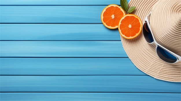 Des lunettes de soleil avec un chapeau de paille et des oranges sur un fond bleu en bois