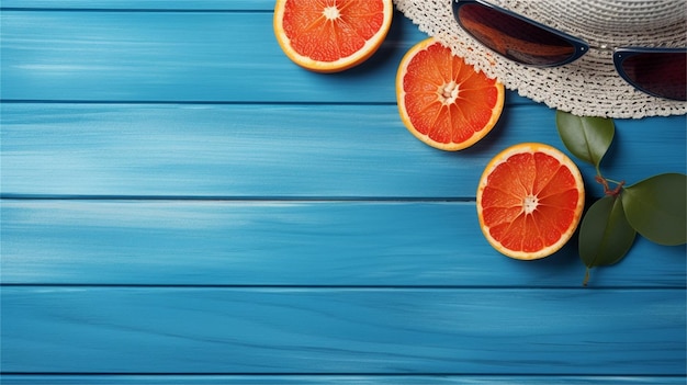 Photo des lunettes de soleil avec un chapeau de paille et des oranges sur un fond bleu en bois