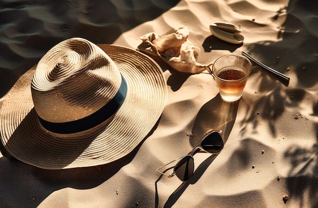 Des lunettes de soleil à chapeau de paille et des sandales sur fond de sable