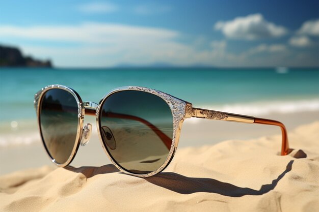 Photo des lunettes de soleil chic pour la plage ajoutent du flair à la plage de sable ensoleillée.