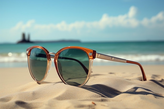 Les lunettes de soleil d'élégance de plage émettent du charme contre le décor de la côte sablonneuse