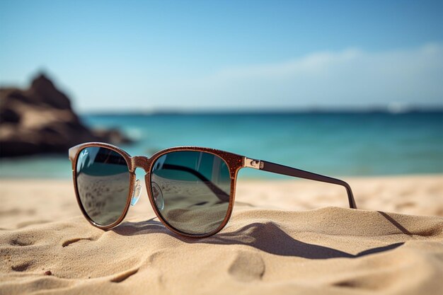 Des lunettes de soleil élégantes sur un fond de plage de sable