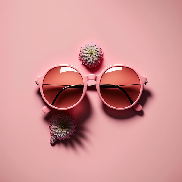 lunettes de soleil d'été roses simples sur un fond plat rose, une vue de dessus propre et minimaliste