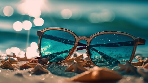 Lunettes de soleil et étoile de mer sur la plage Generative AI