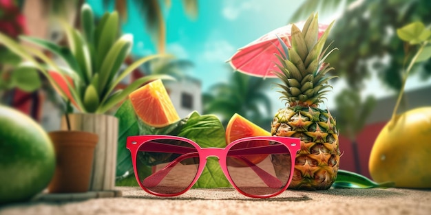 Lunettes de soleil avec fond de fruits frais Summer Festive Time Concept Generative Ai