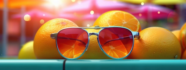 Lunettes de soleil avec fond de fruits frais Summer Festive Time Concept Generative Ai