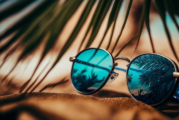 Lunettes de soleil sur fond de plage bleu océan Illustration IA générative