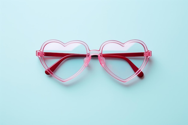 Photo lunettes de soleil en forme de cœur rose carte de saint-valentin amour et concept romantique minimal lunettes de cœur sur bleu à la recherche de l'amour voir le monde d'une manière différente symbole d'amour romantique