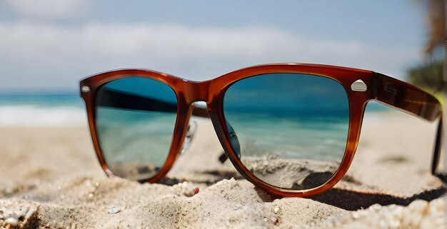 Des lunettes de soleil en gros plan sur la plage