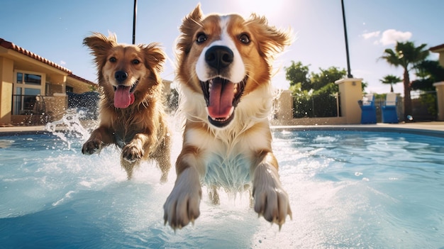 Lunettes de soleil Happy Cute Two Dogs Jump Moment On Pool Generative AI