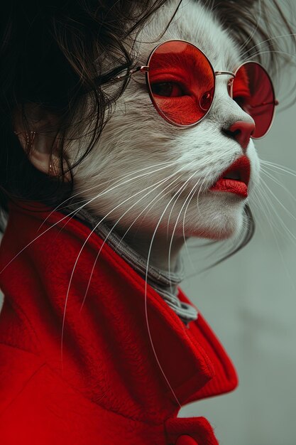 Des lunettes de soleil et un manteau rouges sur une illustration élégante de chat