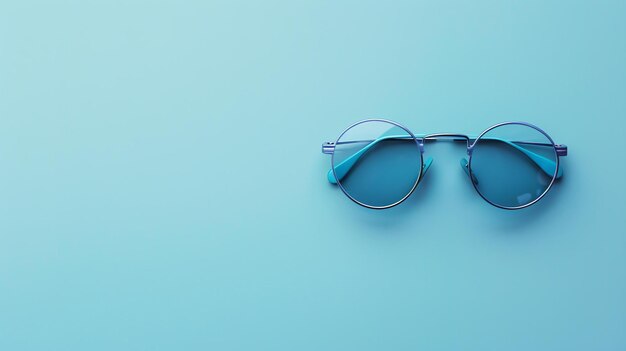 lunettes de soleil en métal bleu avec un verre bleu sur un fond bleu Les lunettes sont pliées avec la lentille gauche vers le haut