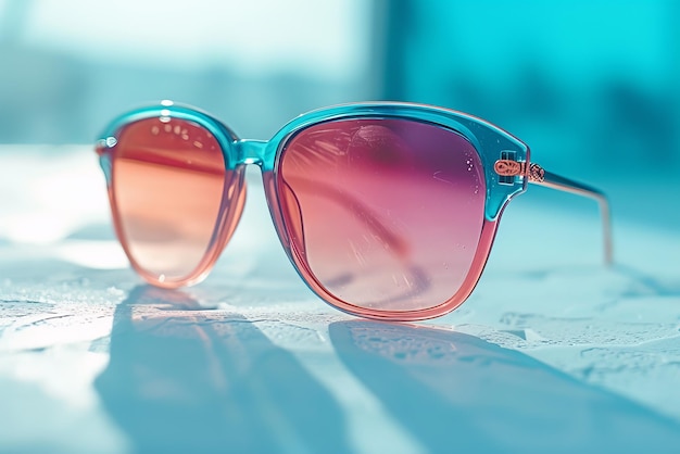 Des lunettes de soleil multicolores sur une table blanche