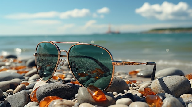 Photo lunettes de soleil noires sur la plage de la mer