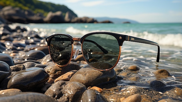 Lunettes de soleil noires sur la plage de la mer