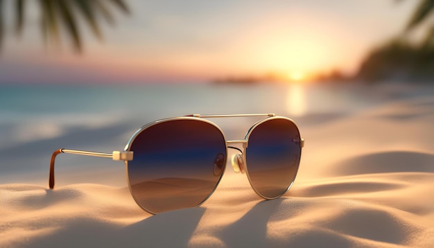 des lunettes de soleil sur une plage avec un coucher de soleil en arrière-plan