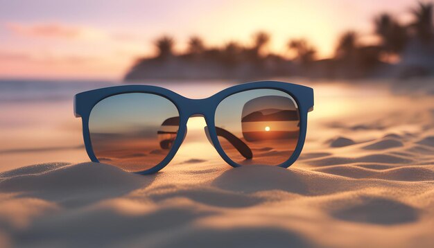 des lunettes de soleil sur la plage avec un coucher de soleil en arrière-plan