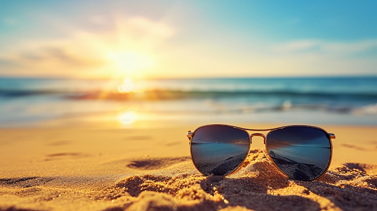 Photo des lunettes de soleil sur une plage avec un coucher de soleil en arrière-plan