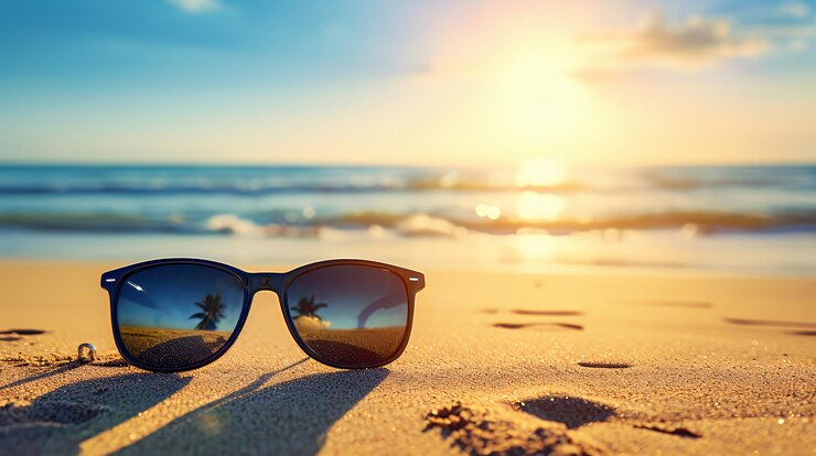 Photo des lunettes de soleil sur une plage de sable avec l'océan et un soleil couchant en arrière-plan