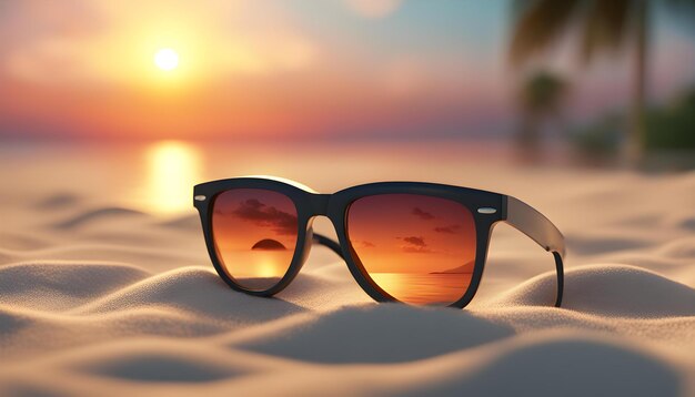 des lunettes de soleil sur une plage avec le soleil qui se couche derrière eux