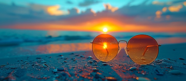 des lunettes de soleil sur la plage avec le soleil qui se couche derrière eux